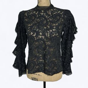 Express Black Lace Top Sz XS Ruffle Sleeves Mock Neck Dark Romantic Renaissance